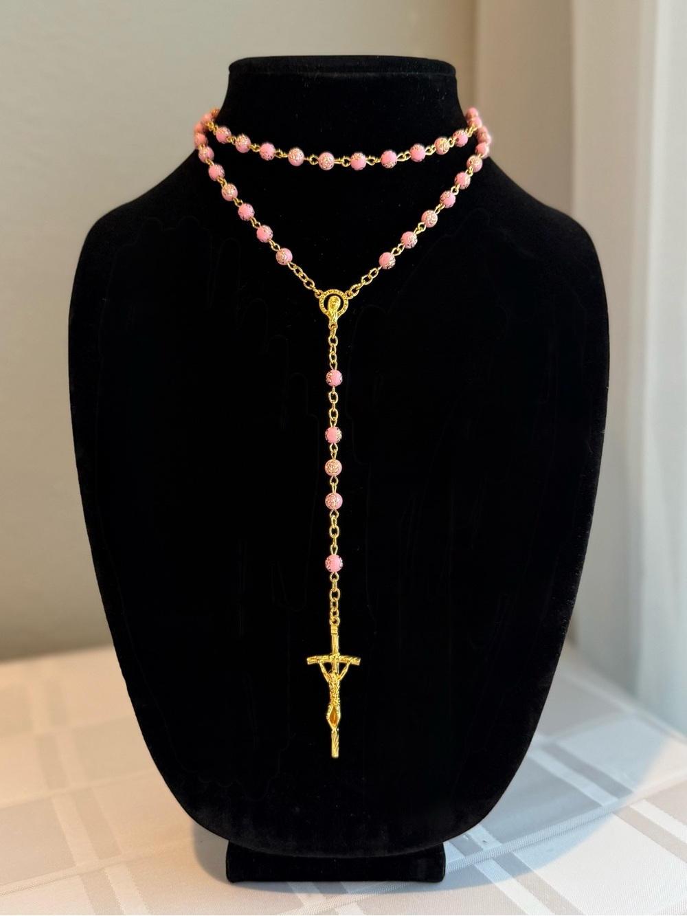 Handmade Pink Acrylic Crystal Catholic Prayer Rosary - Picture 2 of 5